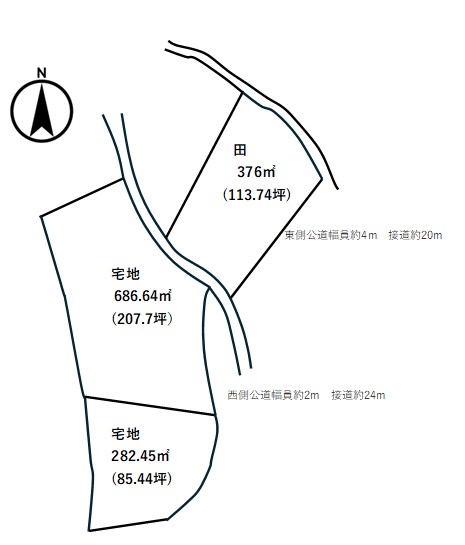 【売土地】福山市田尻町字柳ケ坪｜1500万円｜土地面積①376㎡ ②282.45㎡ ③686.64㎡図面